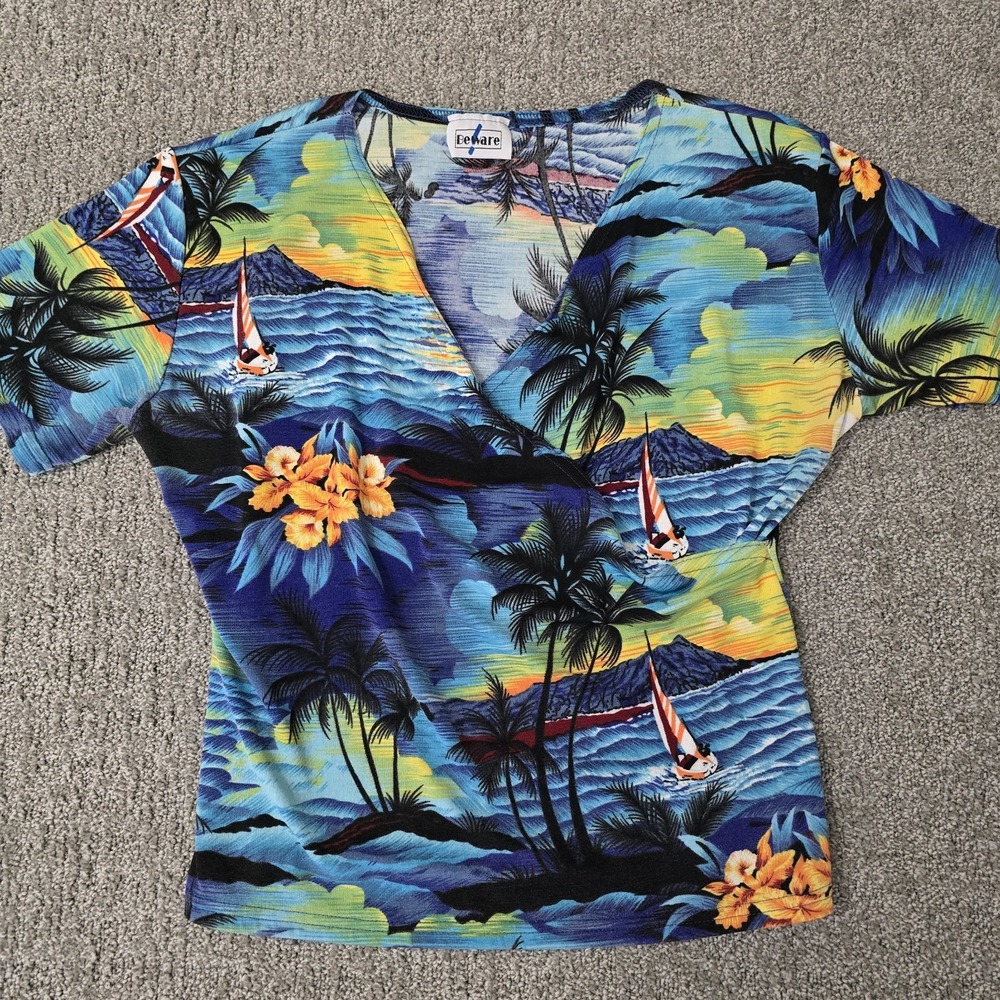 Vintage Hawaiian‎ Tropical Wrap Top Palm Tree Sunset Sailboat Womens Medium